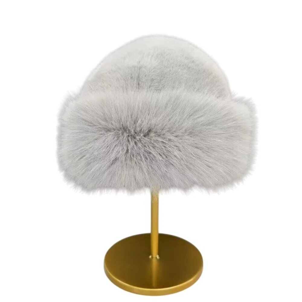 2/$30 Faux Fur Pale Gray OS Hat Brimless Plush Fluffy Skiing Warm